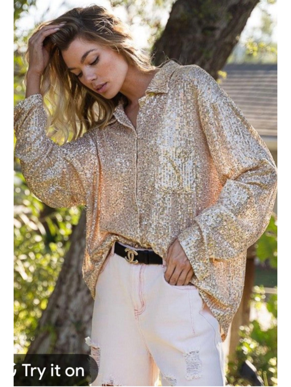 Women's POL Gold Sequin Button Down Shirt Size M